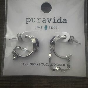 Pura Vida Silver Hoop Earrings with Purple Stone and Chain Drop